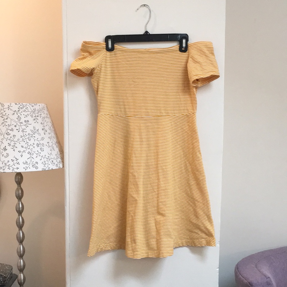 Off the shoulder striped yellow and white dress